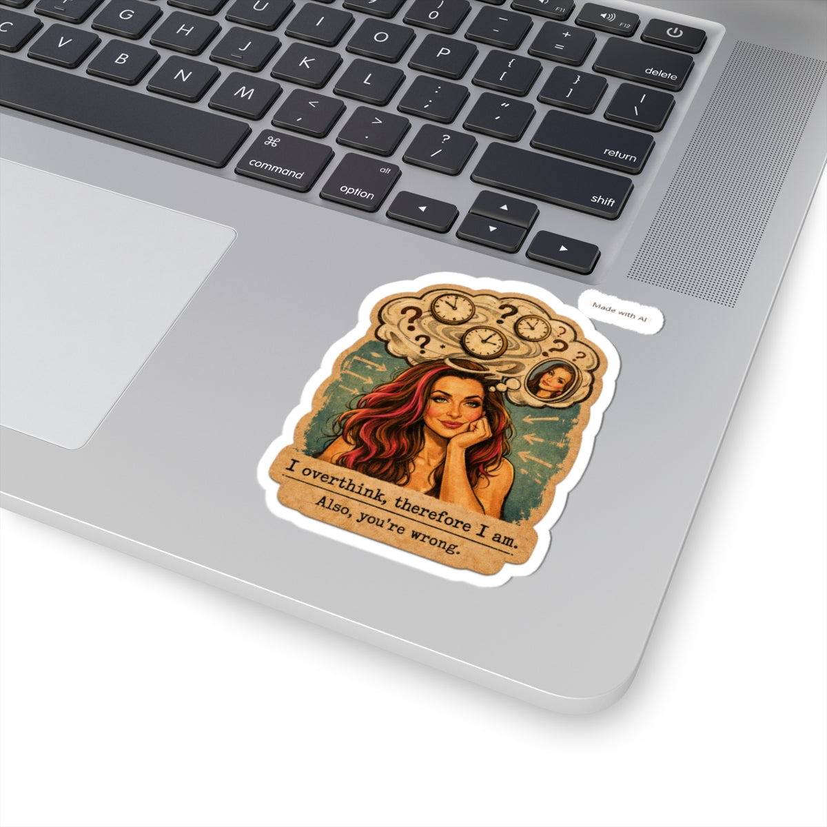 Overthinker Illustration Sticker — "I Overthink, Therefore I Am. Also, You&