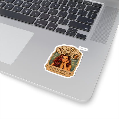 Overthinker Illustration Sticker — "I Overthink, Therefore I Am. Also, You&