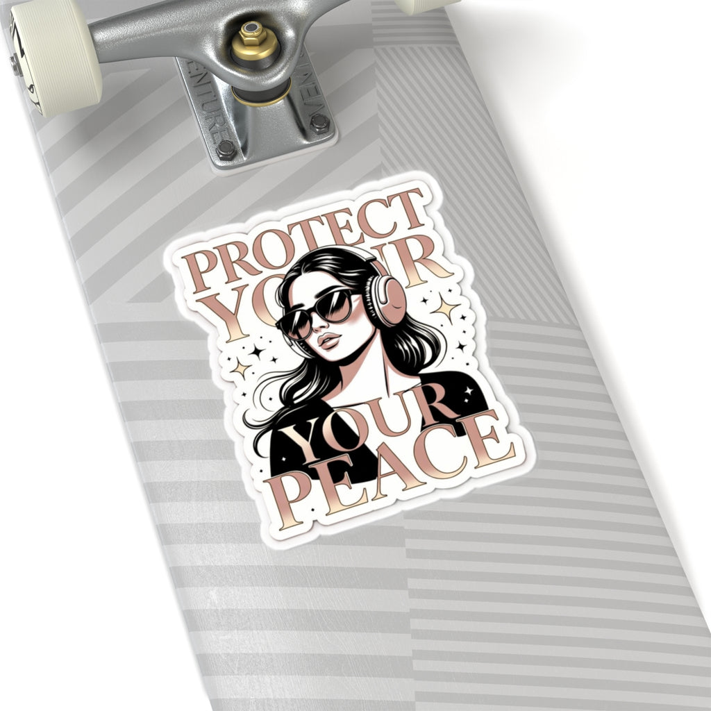 Protect Your Peace Kiss-Cut Sticker — Girl with Headphones, Self-Care Vinyl Decal