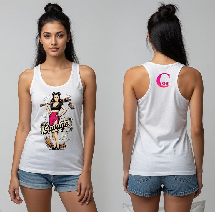 Savage Pin-Up Racerback Tank Top — Retro Badass Woman Graphic