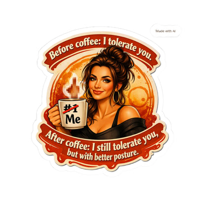Coffee Humor Kiss-Cut Sticker – "Before coffee: I tolerate you. After coffee: I still tolerate you, but with better posture."