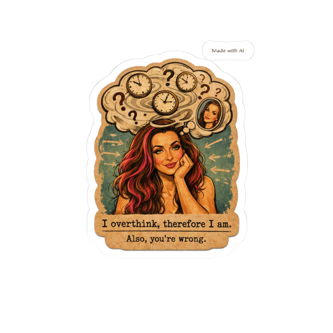 Overthinker Illustration Sticker — "I Overthink, Therefore I Am. Also, You&