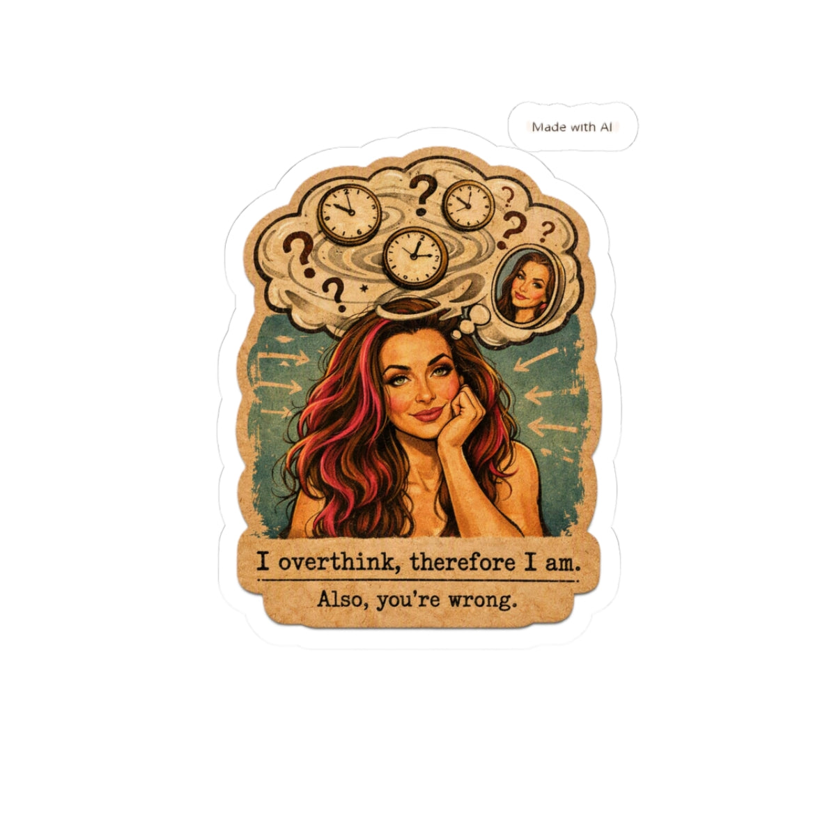 Overthinker Illustration Sticker — "I Overthink, Therefore I Am. Also, You&